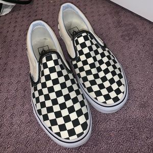 women’s slip on black and off white checkered vans